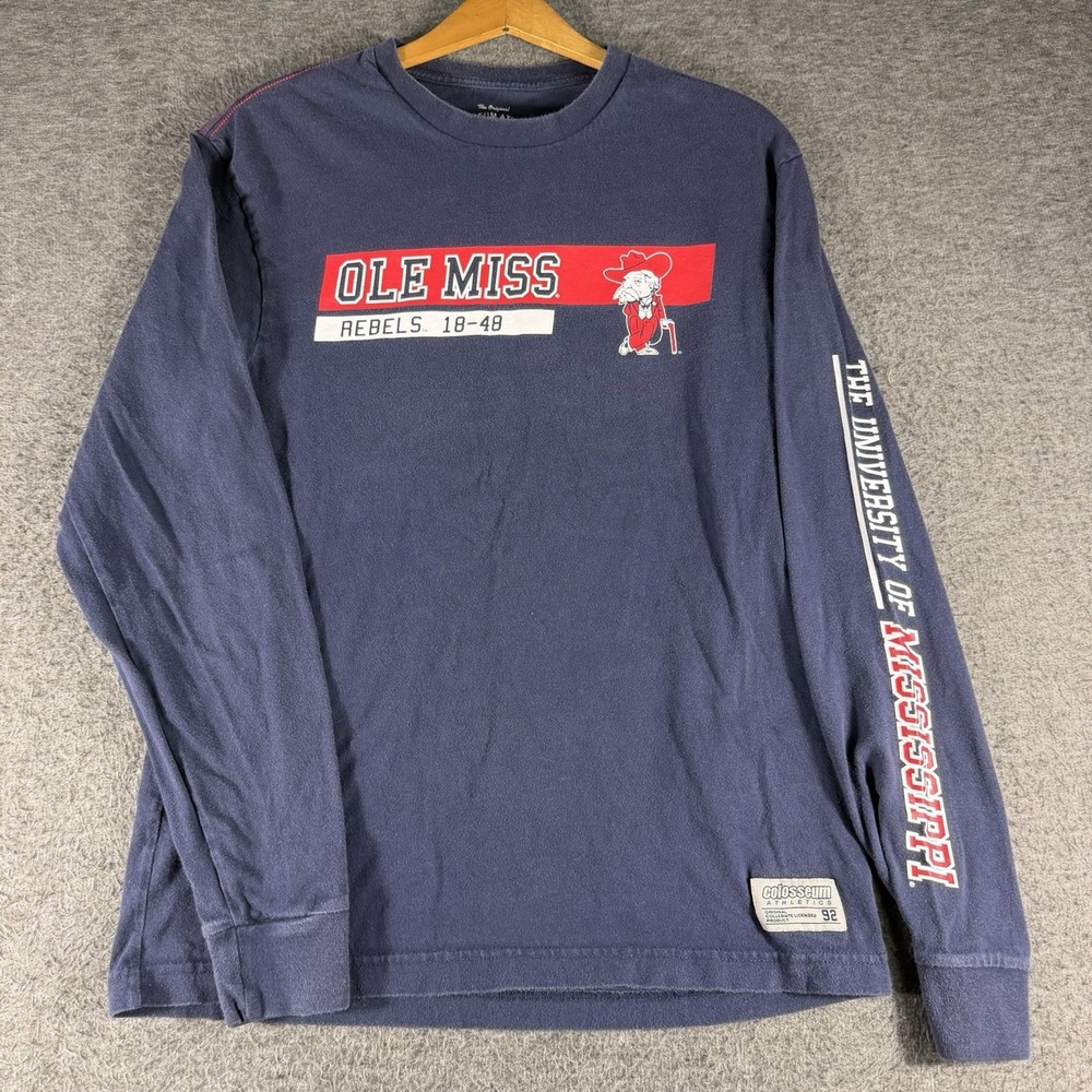 Ole Miss Colonel Reb Long Sleeve T Shirt Navy Size Medium Mens Sleeve Spell Out